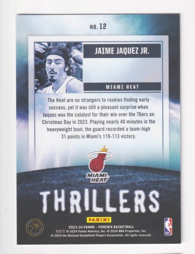 2023-24 Panini Phoenix THRILLERS #12 JAIME JAQUEZ JR RC Rookie Miami Heat - Picture 2 of 2