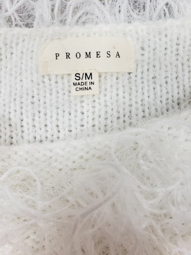 Promesa S/M Women's White Faux Fur Knit Sweater Hand Wash Long Sleeve Crop - Picture 4 of 5