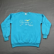 Vintage 1980s Don  t Worry Be Happy Graphic Crewneck Sweatshirt Blue XL Beach VTG