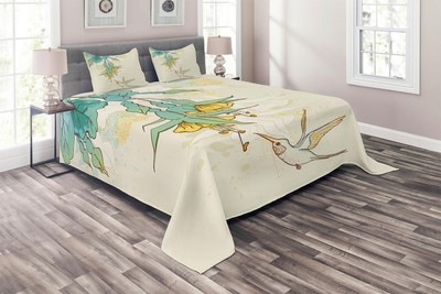 Animal Quilted Coverlet & Pillow Shams Set, Colibri Exotic Plant Print
