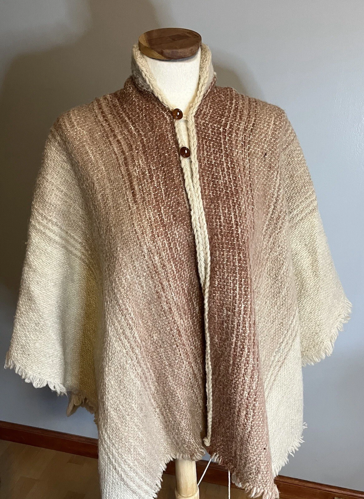 Vtg 70s Wool Poncho Cape Shawl Southwestern Woven Sweater Handwoven Ombré Boho