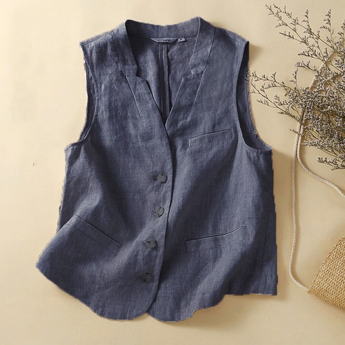 New Womens Thin Linen Vest Casual Loose V Neck Sleeveless Vests Jacket Waistcoat - Picture 13 of 22