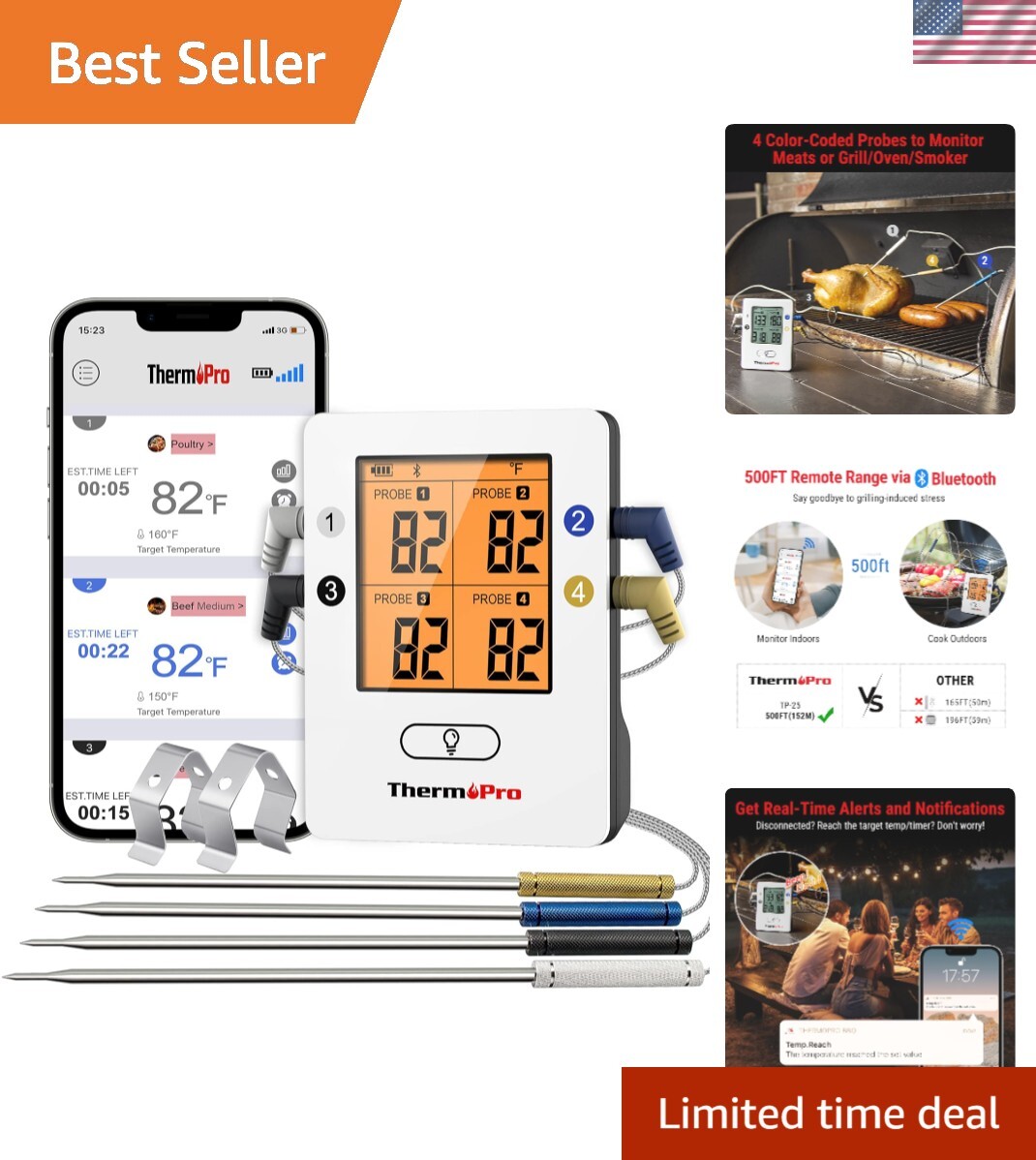 LCD Meat Thermometer with Smart Alarms & Temp Track Graph - Wireless Cooking Aid-image