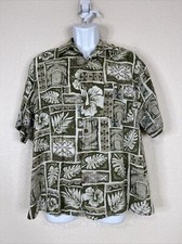 Puritan Men Size L Green Tiki Floral Button Up Hawaiian Shirt Short Sleeve