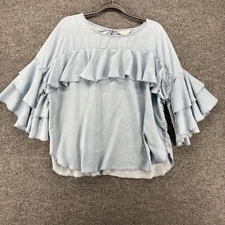 LC Lauren Conrad Blouse Top Womens XL Blue Round Neck Ruffle Cottagecore Boho