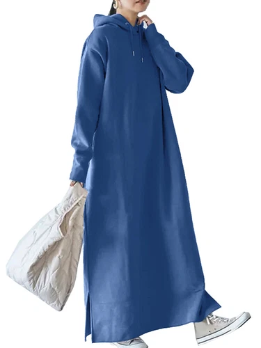 Damen Langarm Fleece Kapuze Locker Maxi Pullover Hoodies Sweatshirt Kleid - Bild 20 von 25
