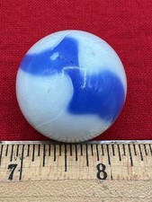 Vintage Large Art Glass Shooter Marble White Blue Swirl 1-3/8