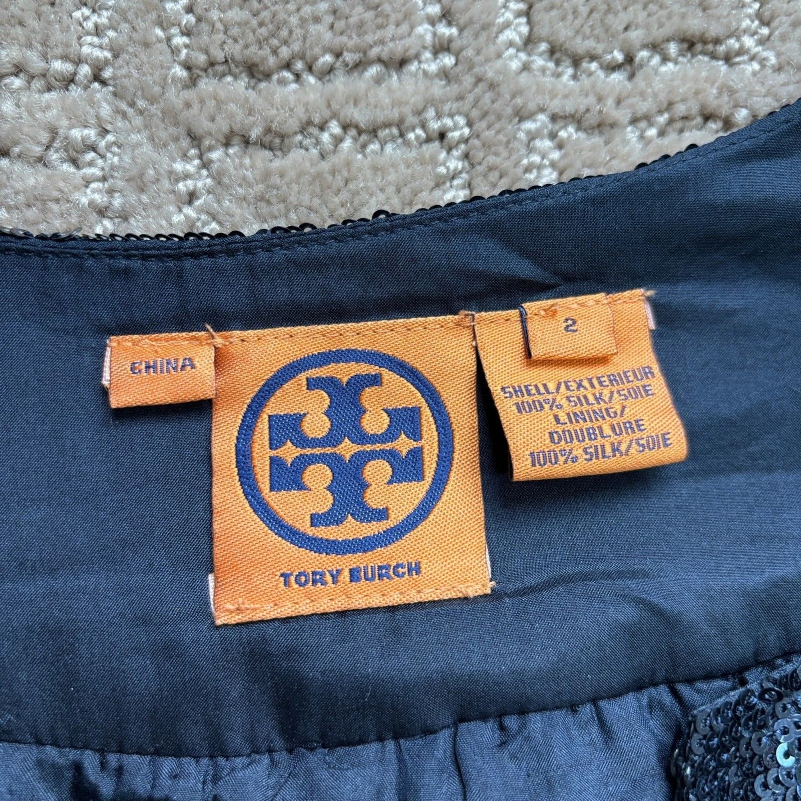 Abito da cocktail Tory Burch paillettes donna 2 maniche metallizzato blu navy seta nuovo di zecca