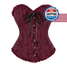 frawirshau Women's Overbust Corset Renaissance Victorian Wine Red 2XL