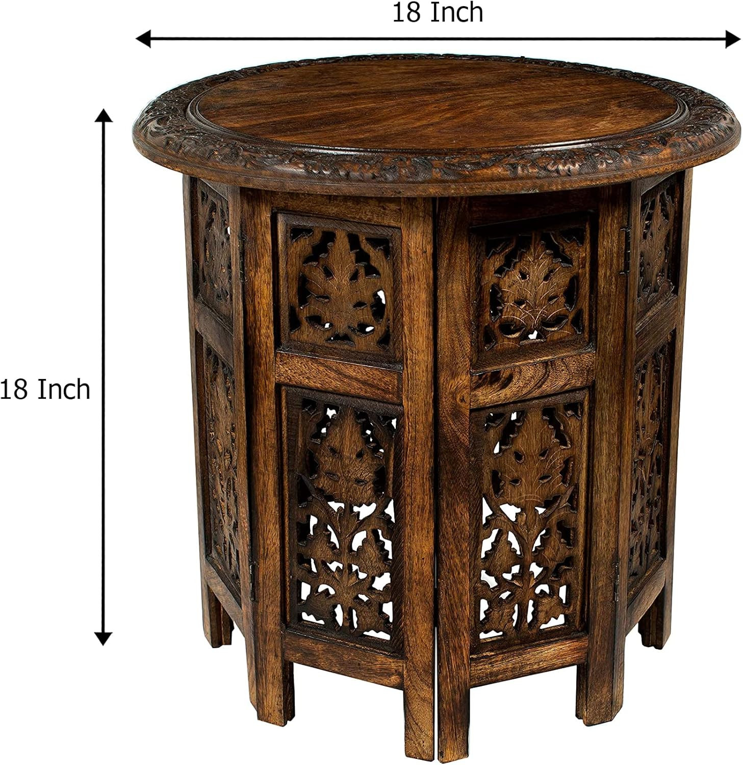 Solid Wood Accent End Table - Hand Carved Vintage Boho Folding Side Table - Smal