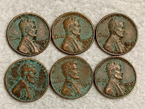 GREEN PATINA-6 Wheat Cent Coins-Jewelry/Art/Craft App Uses-SEE DESC-FREE SHIP