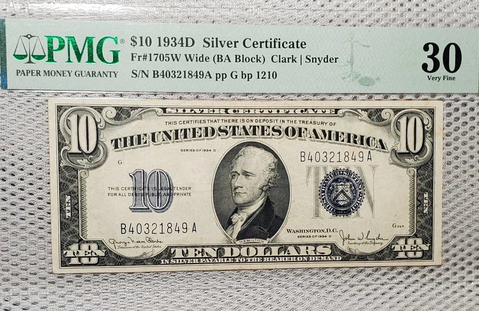 1934 D $10 Silver Certificate Blue Seal Wide Graded PMG VF 30, Nice Note - Image 3 of 4