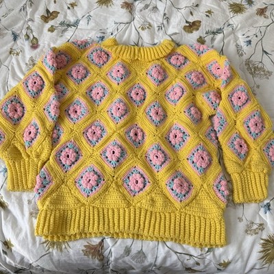 Vintage 70s 80s Handmade Crochet Granny Square Sweater L Floral Yellow Pink Boho