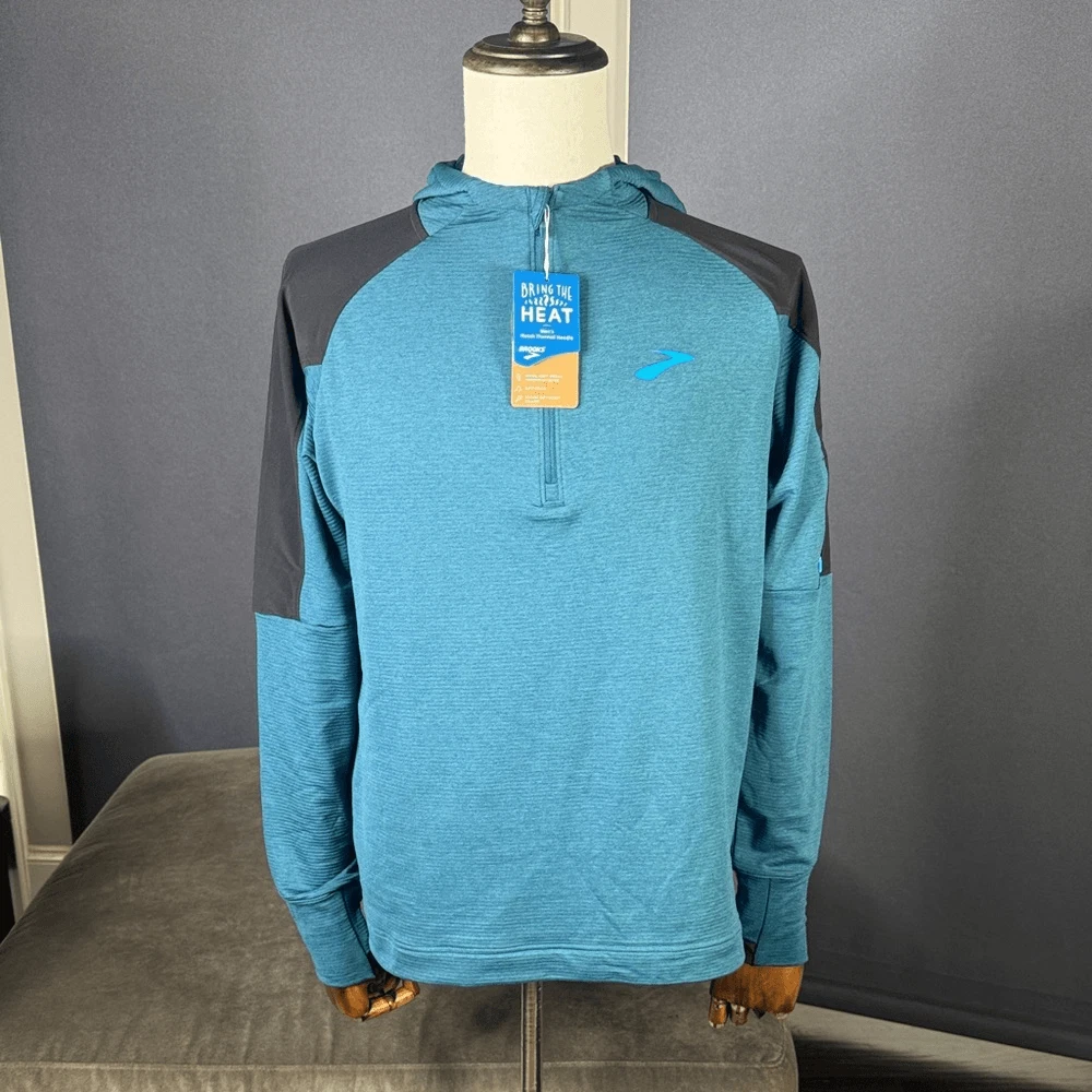 Brooks Men’s Notch Thermal Hoodie Alpine/Black LARGE Semi-Fitted NWT