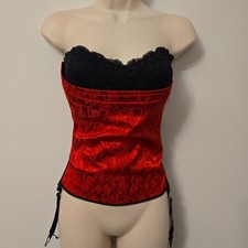 VINTAGE Plus Red Satin Black Lace Corset Bustier 2X 44 Garter Straps Goth Vamp