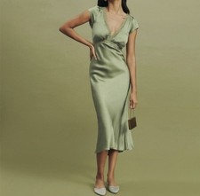 Reformation Coven Silk Midi Slip Dress in Artichoke Green Lace Trim size 12