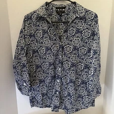 Foxcroft Women's Shirt Wrinkle-Free, Shaped  Navy  Button-Down, 3/4 Sleeve Sz 10