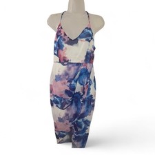 L'Atiste Amy Floral Watercolor Midi Dress Blue Pink Tulip Hem Racerback Womens