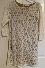 Everly White Floral Lace 3/4 Sleeve Shift Dress Tan Lining D5764 Small