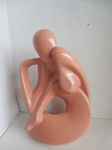 Jaru Large Vintage Boho Cubist Ceramic Sculpture of Woman Pink Salmon 18" x 12" - Picture 7 of 12