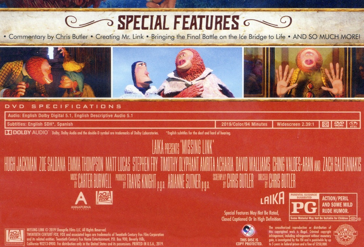 Missing Link 2019 PG stop-motion adventure comedy movie, new DVD