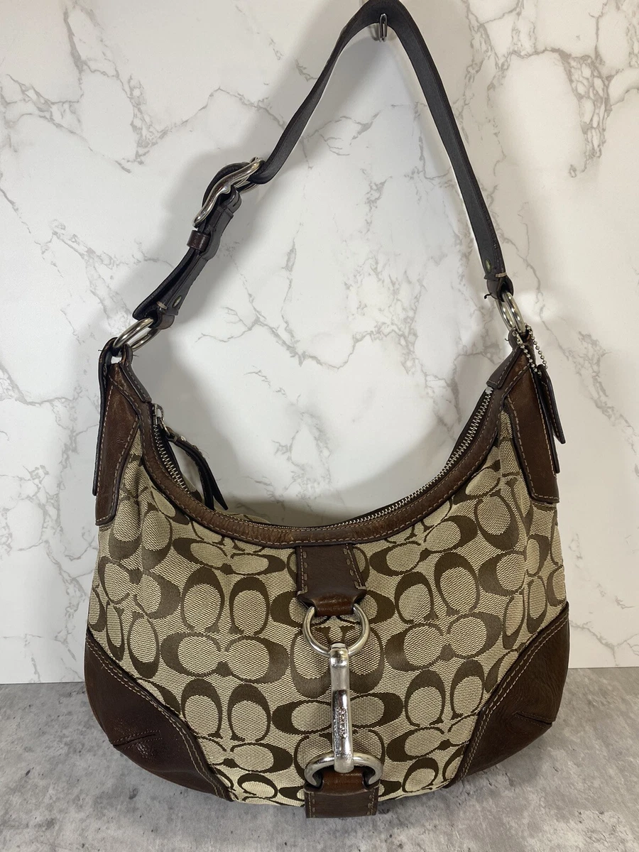 Vintage COACH SIGNATURE Brown Jacquard Canvas Leather Hobo Shoulder Bag  Purse