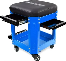 Blue Black Work Stool Rolling Toolbox Seat Shop Storage Creeper Mechanics Garage