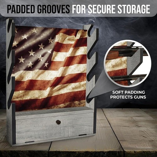 Wall Mount Gun Rack 4 Rifles Shotguns W/ Storage Accessories Efficient Patriotic - Picture 4 of 8