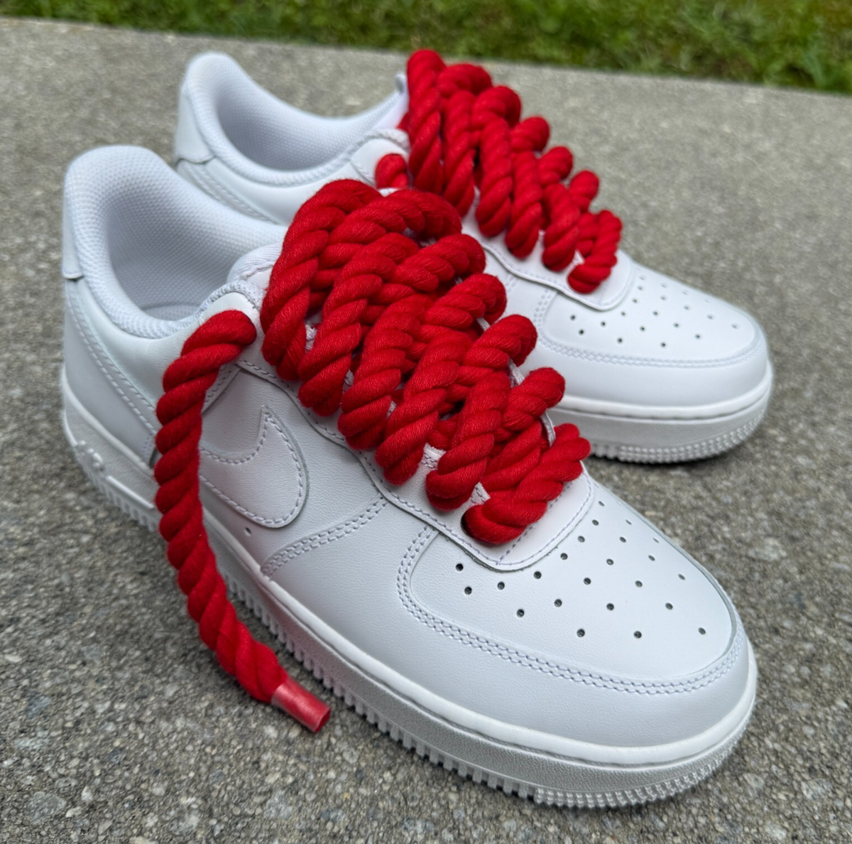 White Nike Air Force One with Custom Chunky Red Rope Laces and Hangtag