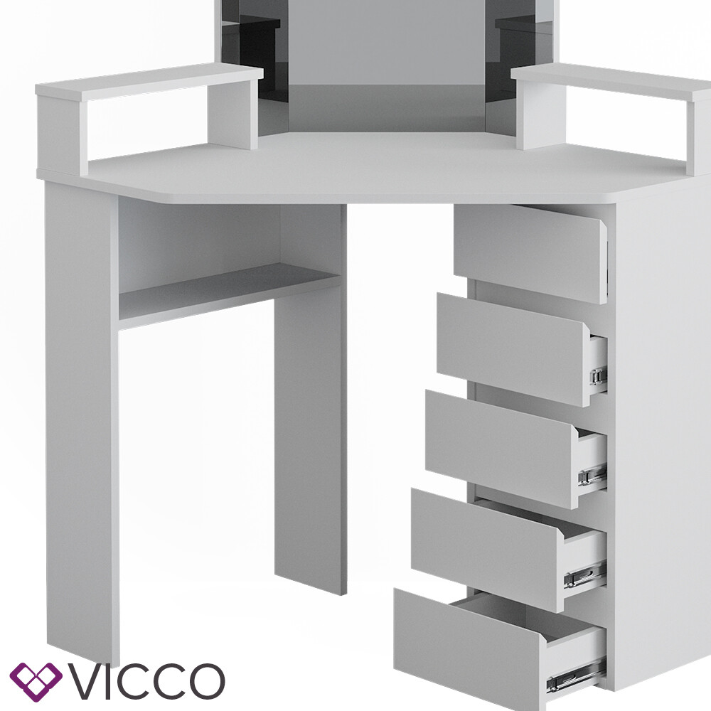 Coiffeuse d'angle Tilda en blanc + tabouret + lumière LED