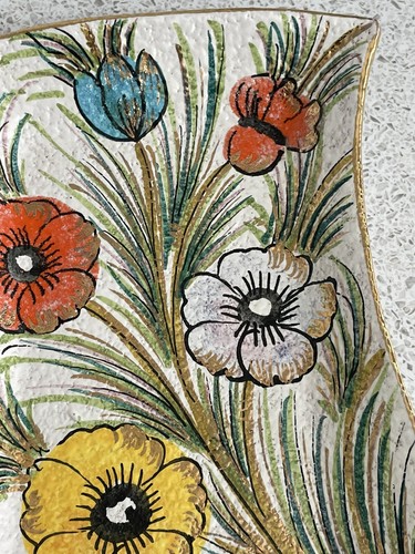 PRETTY ITALIAN WHITE TEXTURED POTTERY POPPY & PEACOCK FEATHER GILDED DISH ITALY - Picture 3 of 8