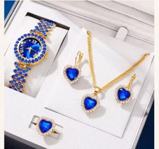 Royal Blue Gold Jewellery Necklace Earring Fingering & Watch Wedding Proem Gift