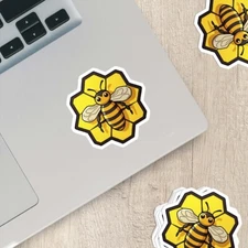 Cartoon Bee in Honeycomb Sticker – Weatherproof Vinyl for Laptops, Cups & Cars