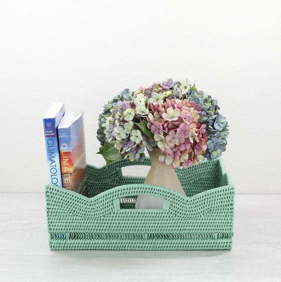 Tight Woven Scalloped Rattan Coffee Table Tray with Handles, Luxury Home Decor - Image 2 of 4