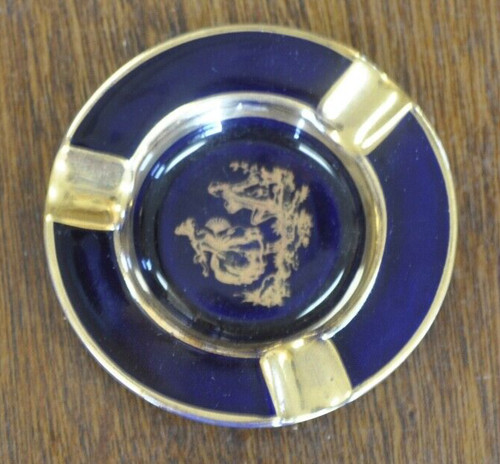Vintage Limoges France Decrative Ashtray Blue & Gold Accents 4 in Round X 1 In