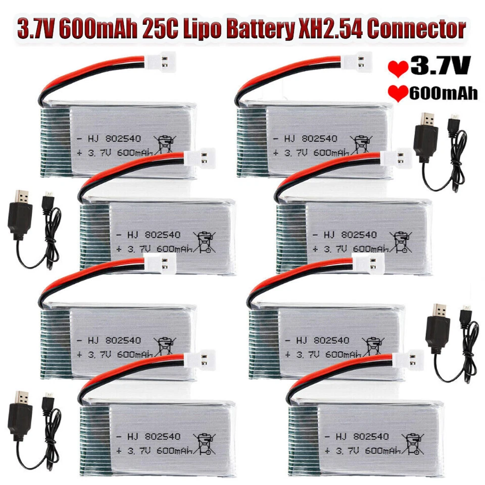 Batería 3.7V 600mAh 25C Lipo XH2.54 Enchufe + Cargador USB para RC Cuadricóptero Drone Foto 3 de 4