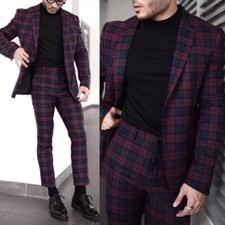 Striped Grid Men's Suits Slim Fit Notch Lapel Business Casual 2 Piece Set
