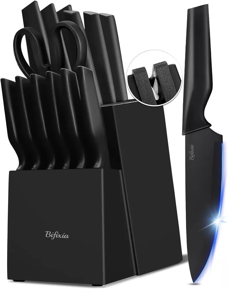 Knife Sets for Kitchen with Block, 15 Pcs Knife Block Set with Built-in Sharpene-image