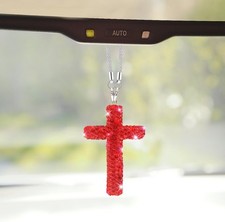 Bling Cross Car Hanging Ornament Crystal Rhinestone Car Rearview M Color Red