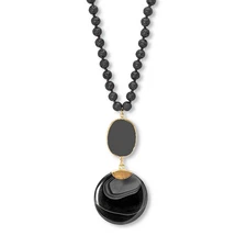Genuine Black Agate and Lava Stone Beaded Goldtone Drop Necklace 34-inch length