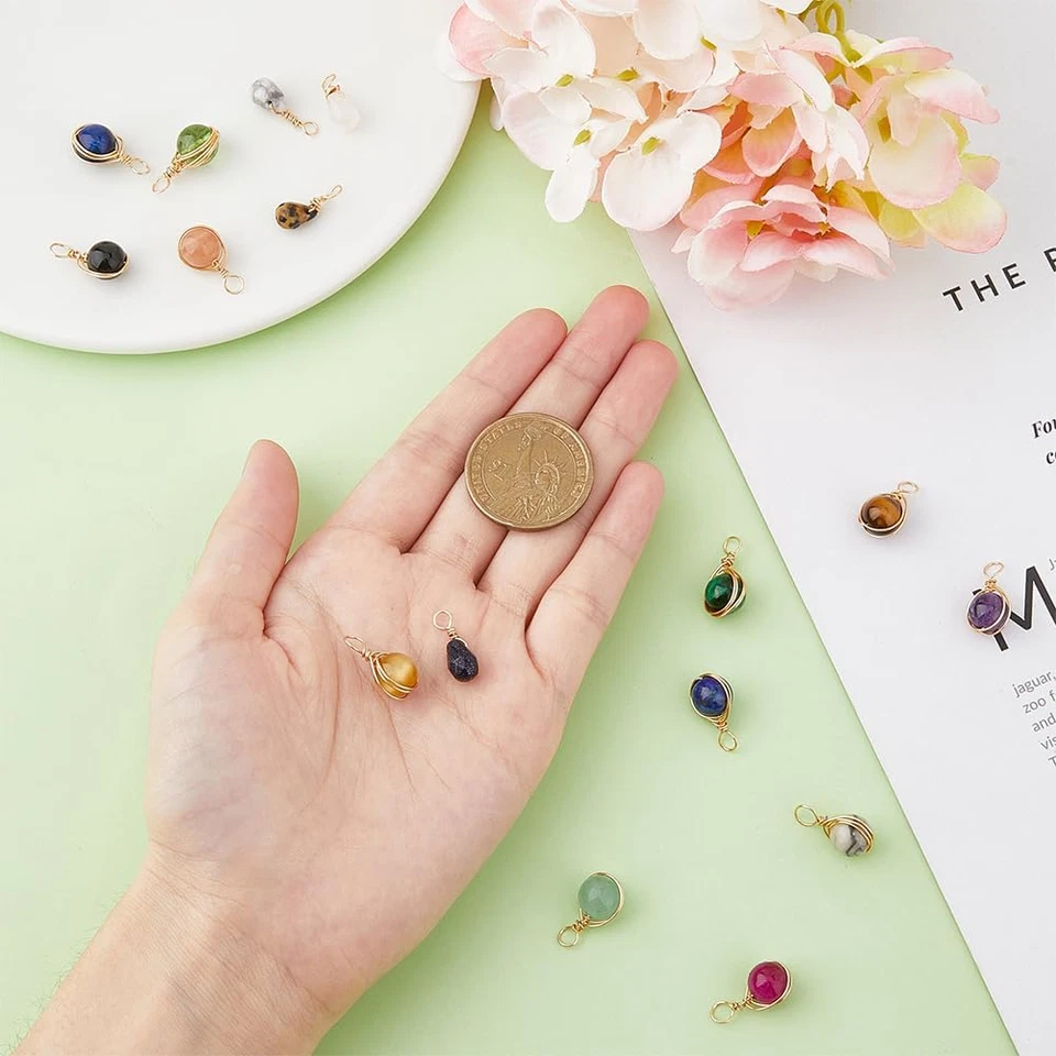 Ciondoli a Goccia Con Gemme Miste Ciondoli Rotondi in Rame Placcati in Oro E Pla - Immagine 3 di 4