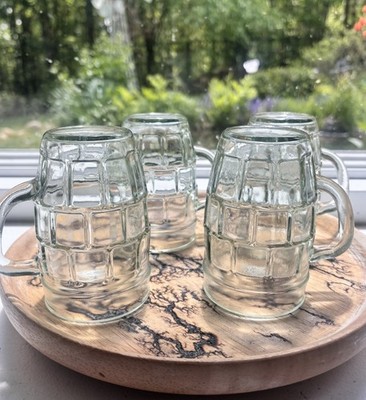 4 VTG Small ANCHOR HOCKING Windowpane Barrel Root Beer Mugs Pale Green Glass