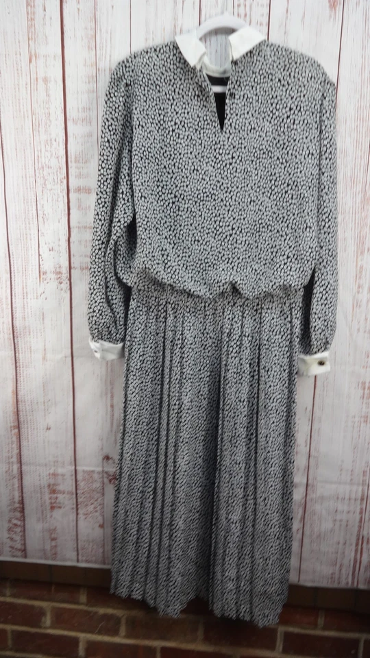 Vintage Liz Roberts Midi Dress Womens Size 14 Gray/White coffee bean prints VTG - Изображение 2 из 4