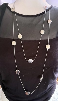Silver Tone Multi Strand Station Necklace Long Disc Layered Slip On No Clasp