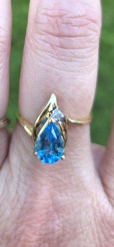 Vintage AJ 14K Yellow Gold Swiss Blue Topaz & Diamond Bypass Ring, Size 6 Estate