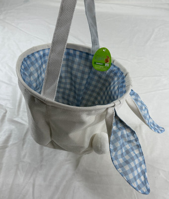 Easter Bunny Basket Plush Fabric Lined Blue Gingham Ears Tail Kids Gift Bag