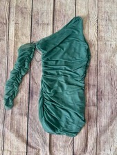 Zara Women's One Shoulder Mini Dress Long Sleeves, Ruched, Green, Size M