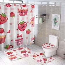 4 PCS Cute Strawberry Heart Gingham Shortcake Shower Curtain Bath Mat Rug Set