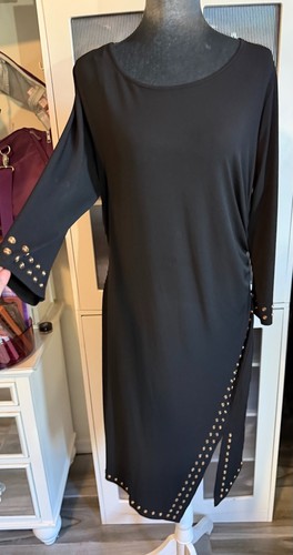 SPEENSE Black Solid Midi Dress Scoop Neck Long Sleeve Studded Slit Size 14