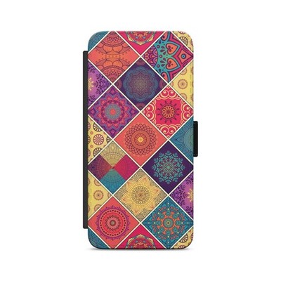 Mandala Muster große bunte Quadrate Flip Wallet Handy Hülle für Samsung Modelle